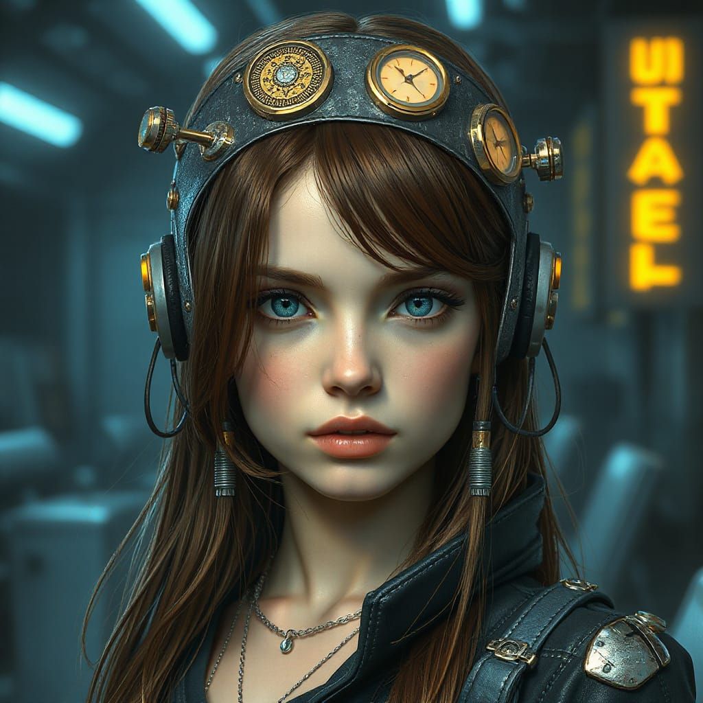 Cyberpunk Girl with Cybernetic Implants in Dystopian Setting