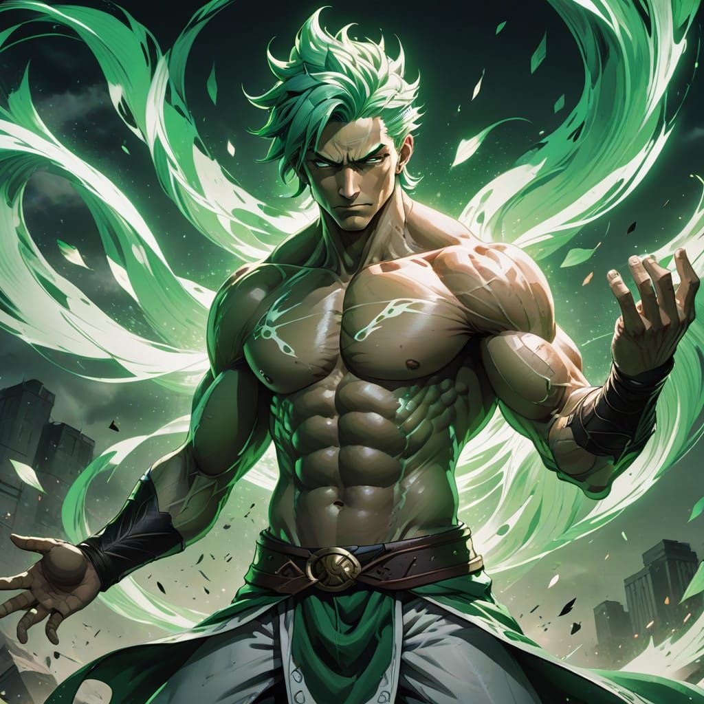 Heroic Anime Mage of Whistling Winds in Vibrant Green and Wh...