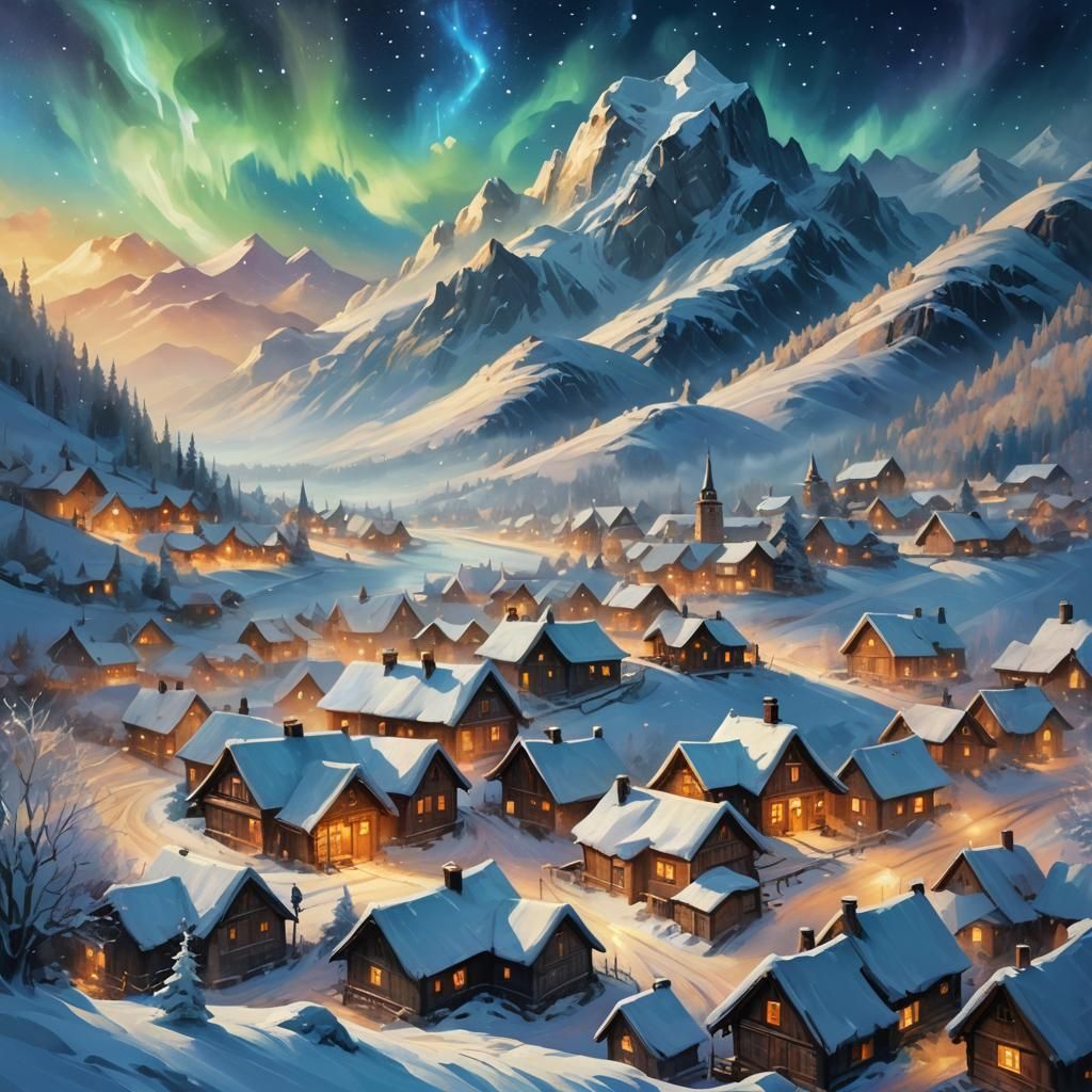 Snowy Village Under Aurora as Impasto Oil Painting