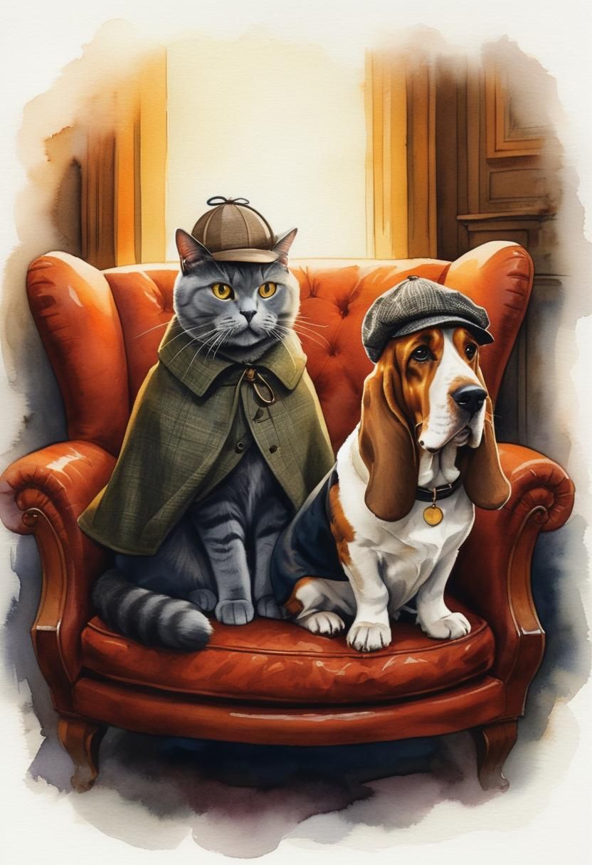 Whiskered Detective and Trusty Sidekick in Watercolor