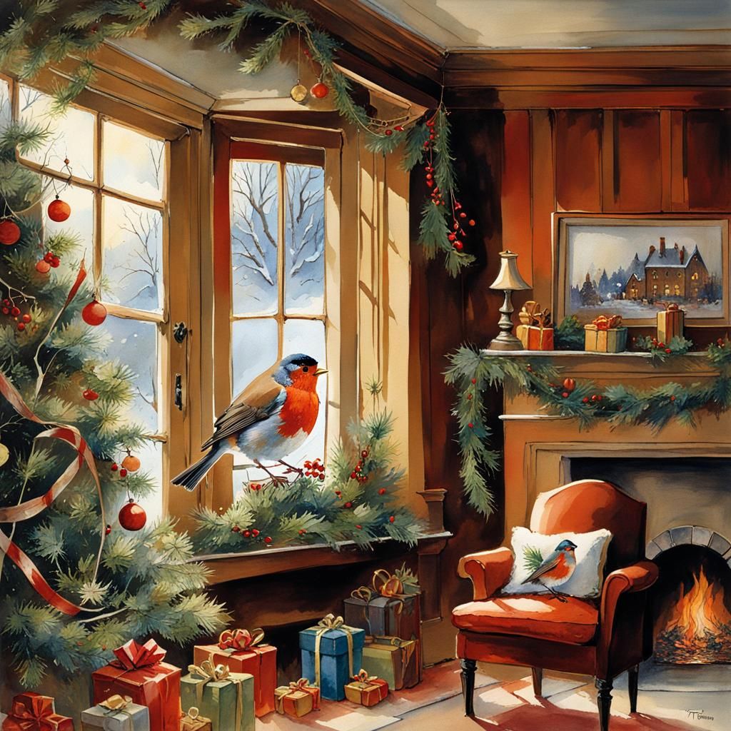 Robin Observes Christmas Living Room in Watercolor Style
