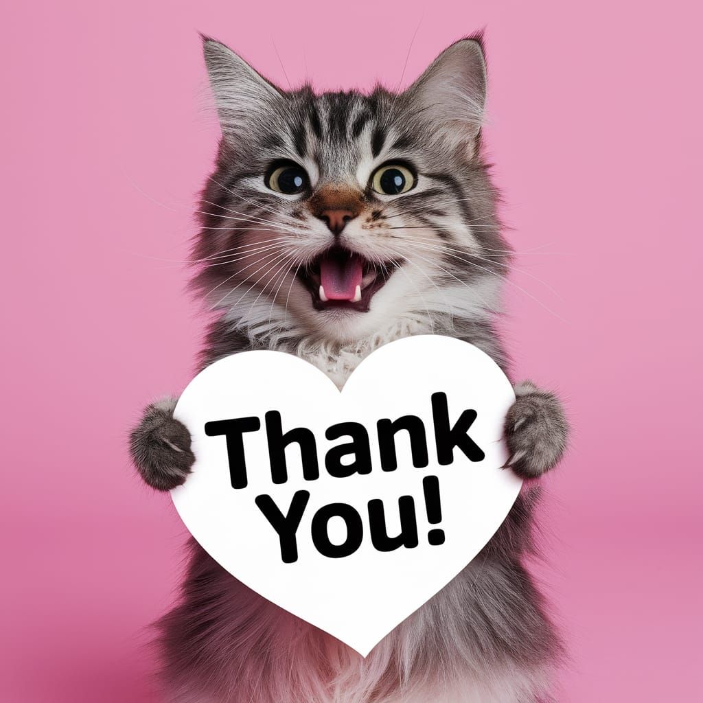 Smiling Cat Holding Thank You Sign