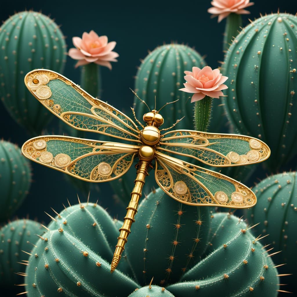 Steampunk Dragonfly perches on Cactus Rose