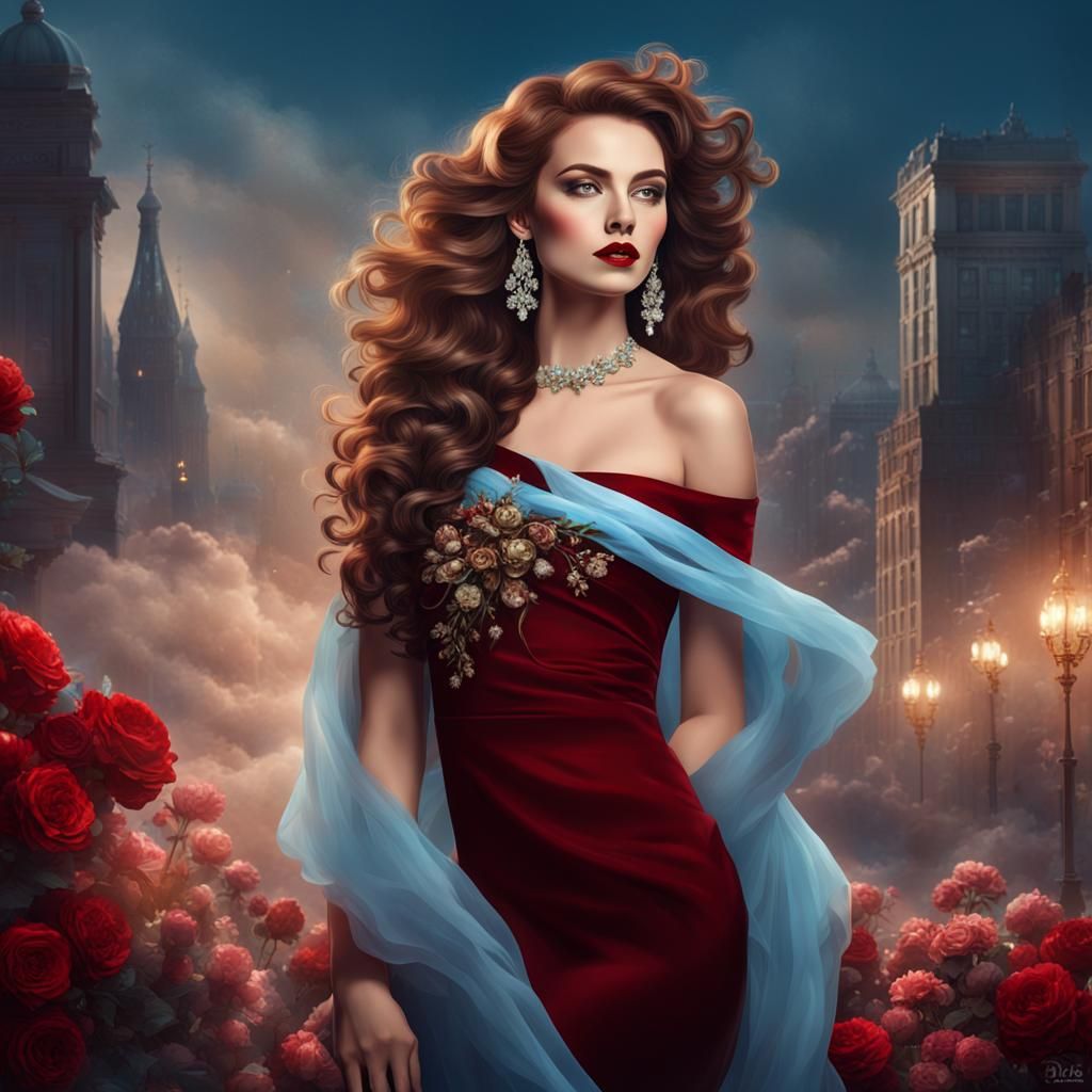 Glamorous Slavic Woman in Red Dress, Pinup Style