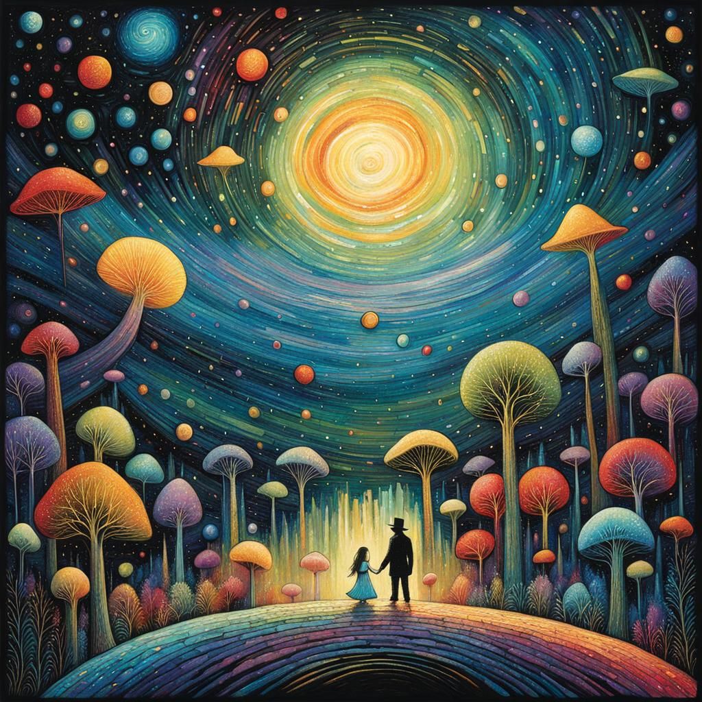 Cosmic Serenade in Mixed Media Illustration Style