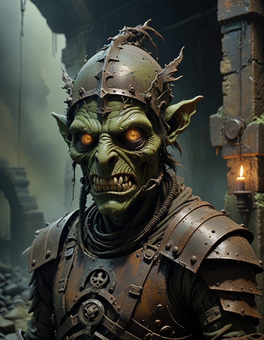 Goblin in Tattered Leather Armor with Oxidized Metallic Helm...