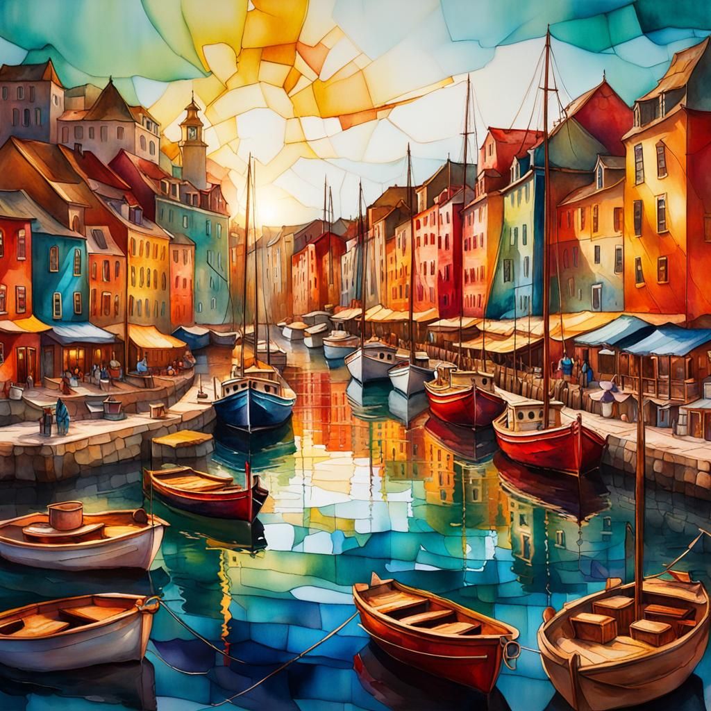 illustration of a vibrant harbor scene,