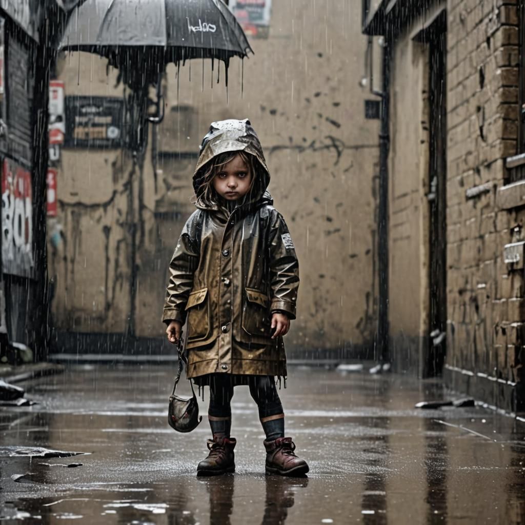 Banksy-Style Girl in Rain: Street Art Masterpiece