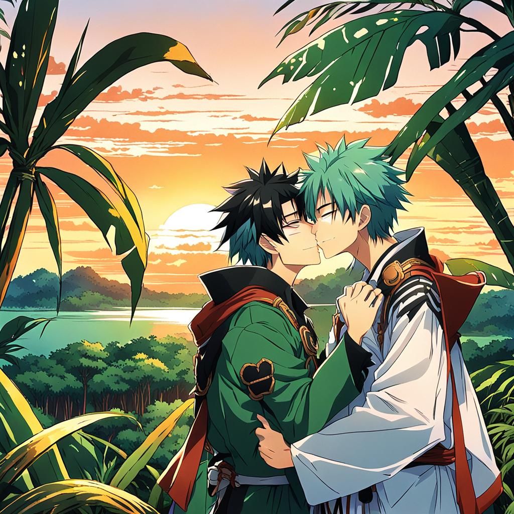 Anime Boys Kissing at Sunset in Amazon Jungle