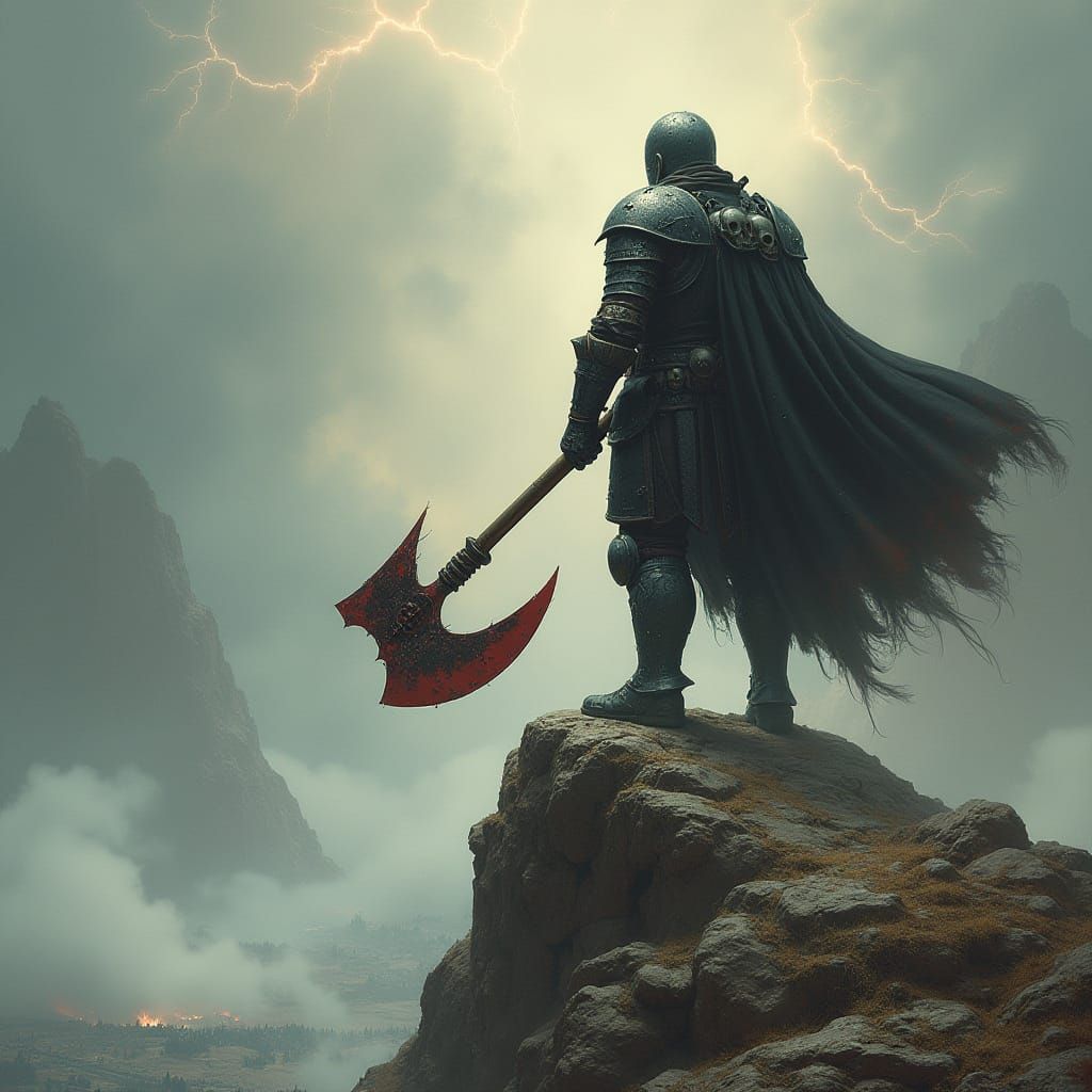 Dark Fantasy Warrior Gazing Out Over a Misty Battlefield