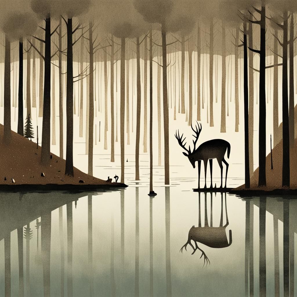 Deer Drinking at Lake in Forest Illustration