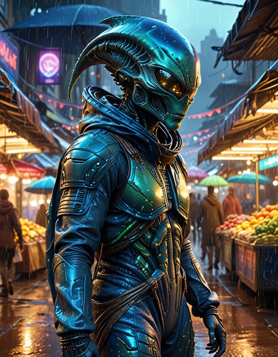 Alien Shopper on Rainy Planet in Vibrant Digital Art