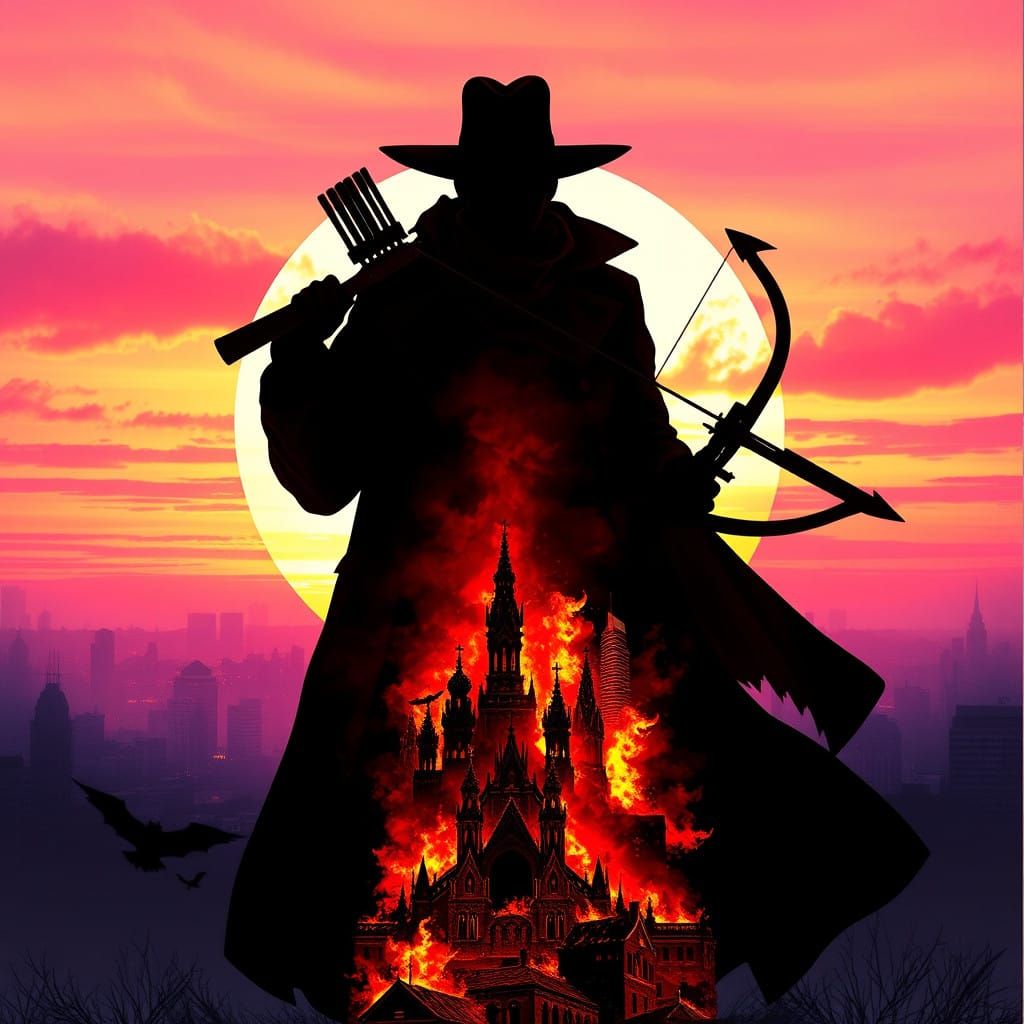 Epic Vampire Hunter Silhouette Against Vibrant Sunset Sky