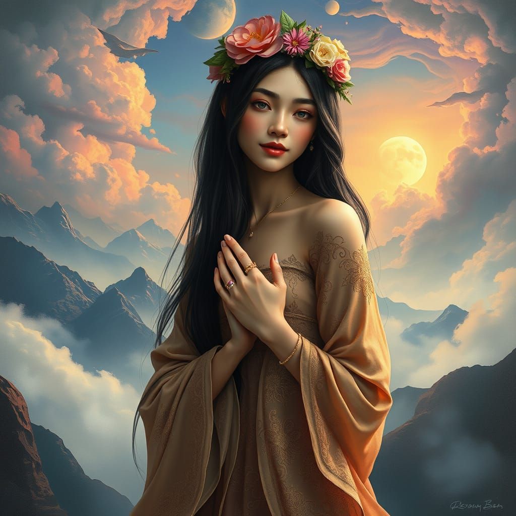 Surrealist Goddess in Vibrant Dreamlike Landscape