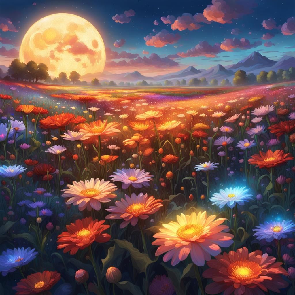 Illuminated Flower Field Under Moonlight