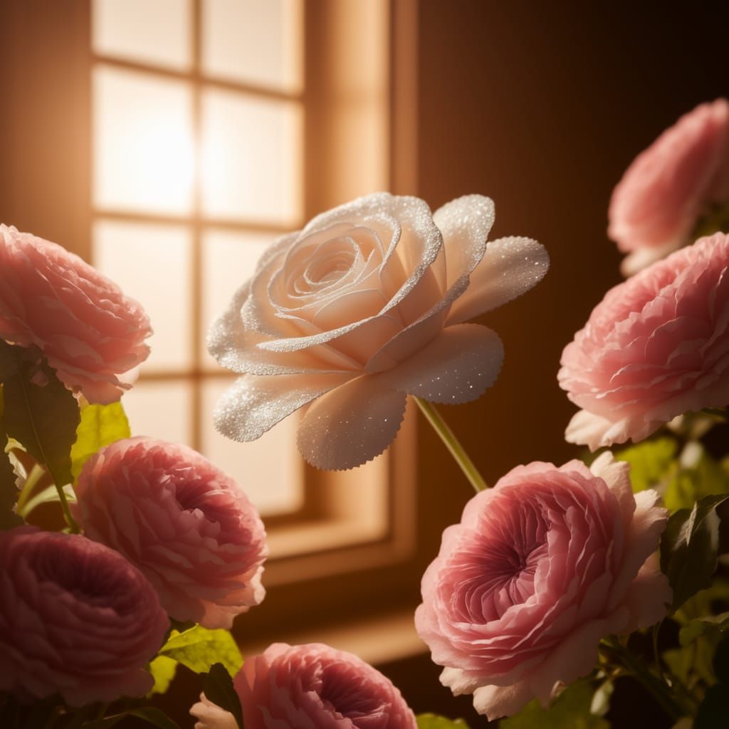 Paper Rose Floats Among Real Blooms in Soft Light