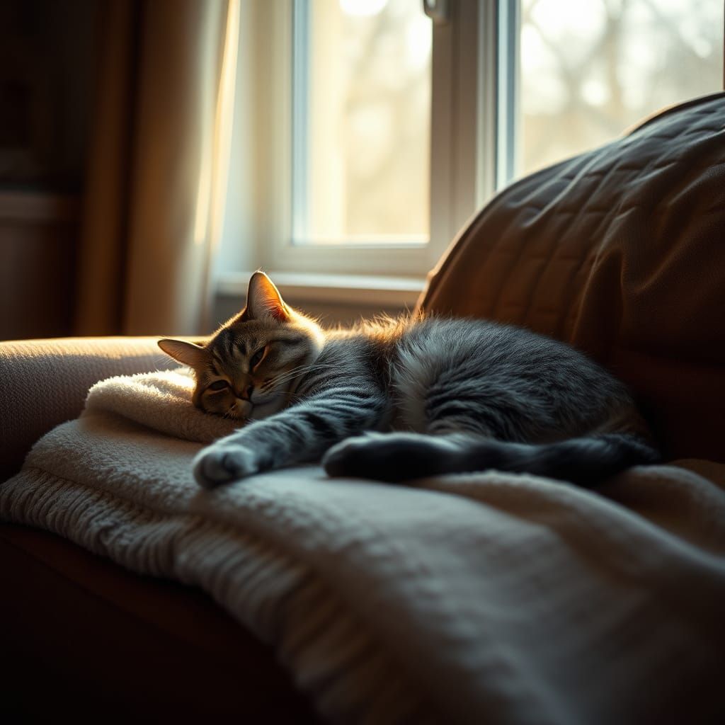 Cozy Tabby Cat Waking Up in Winter Sunlight