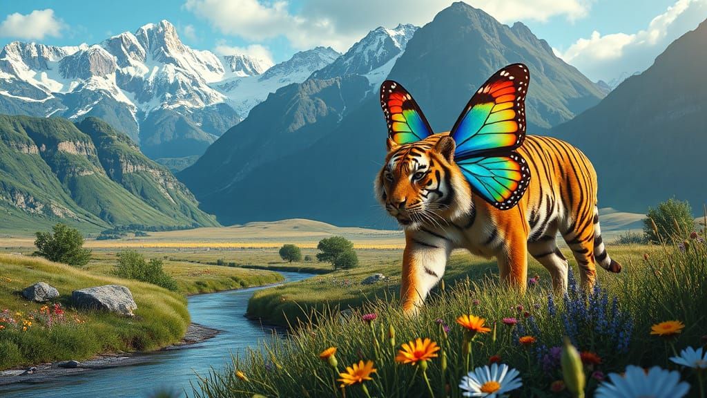 Tiger with Iridescent Wings Prowls Serene Mountain Landscape