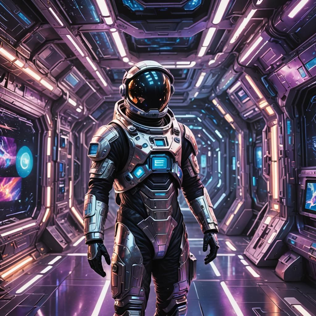 Astronaut Exploring Neon Space Station in Sci-Fi Style