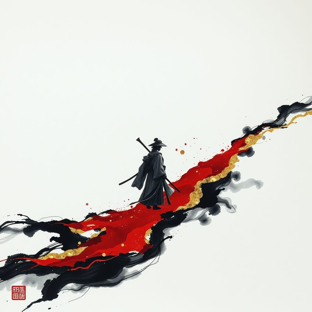 Samurai and Geisha in Blood River Sumi-e Art