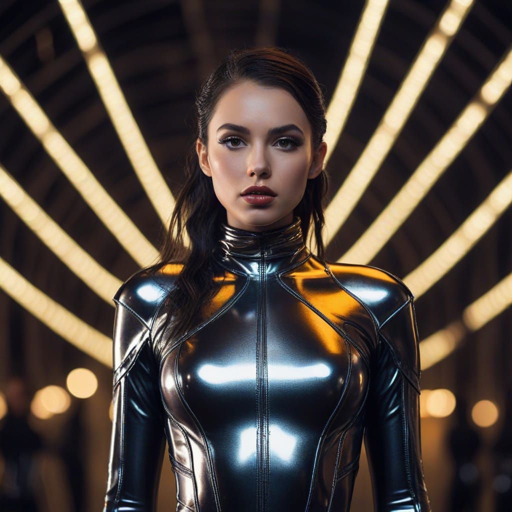 Futuristic Runway Model in Latex Bodysuit