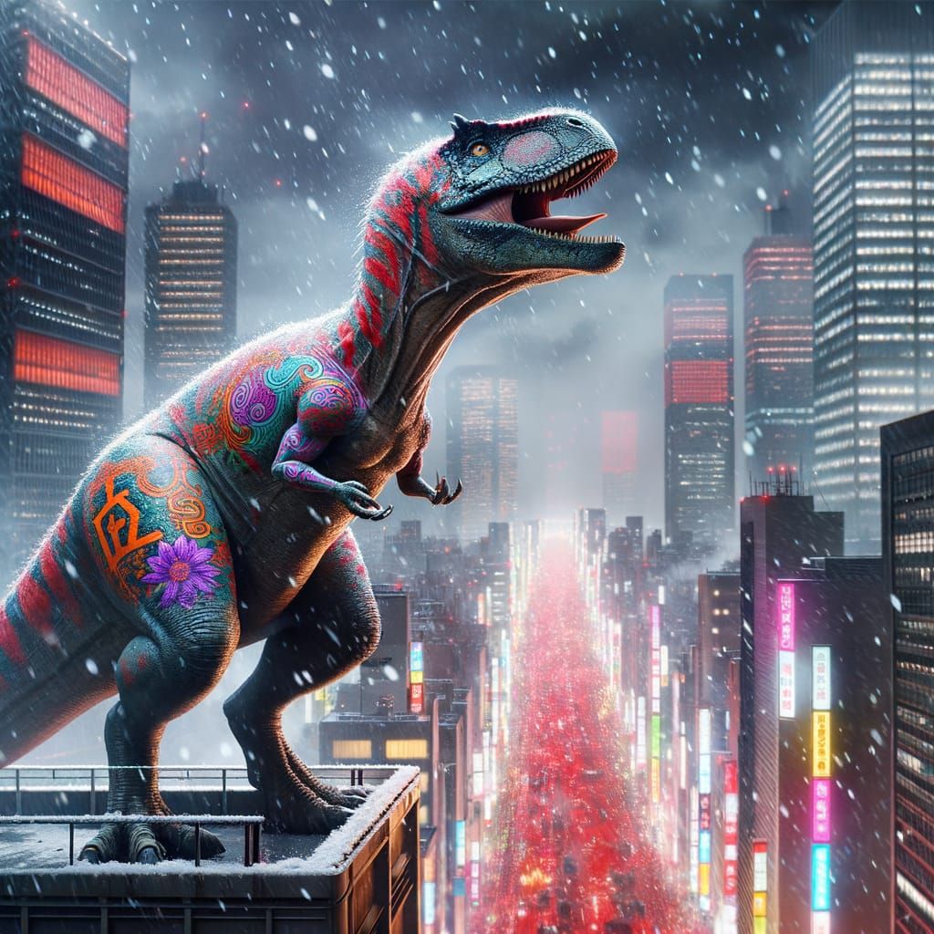 Humanoid Hadrosaur Sings in Tokyo-Inspired Cityscape