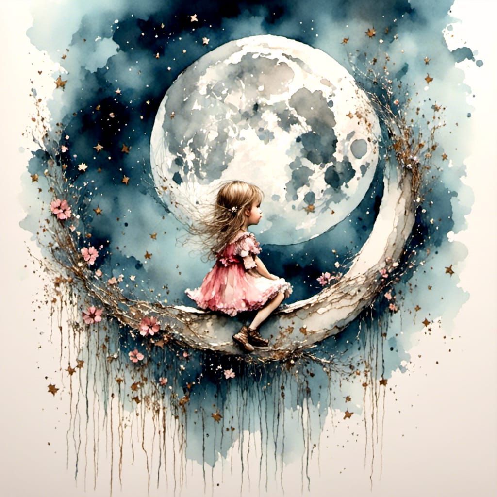 Girl Sitting on the Moon: Colorful Art