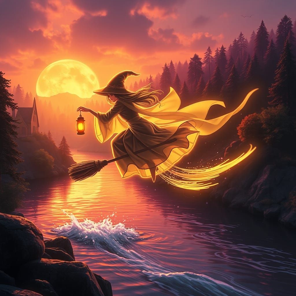 Glowing Witch Splashing into River at Sundown