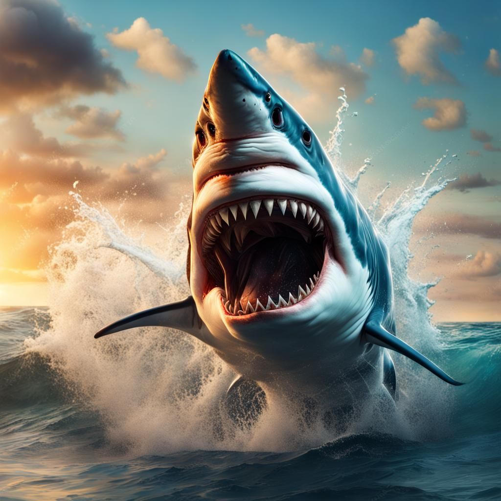 Giant Shark Leaps from Ocean: Hyperrealistic Concept Art