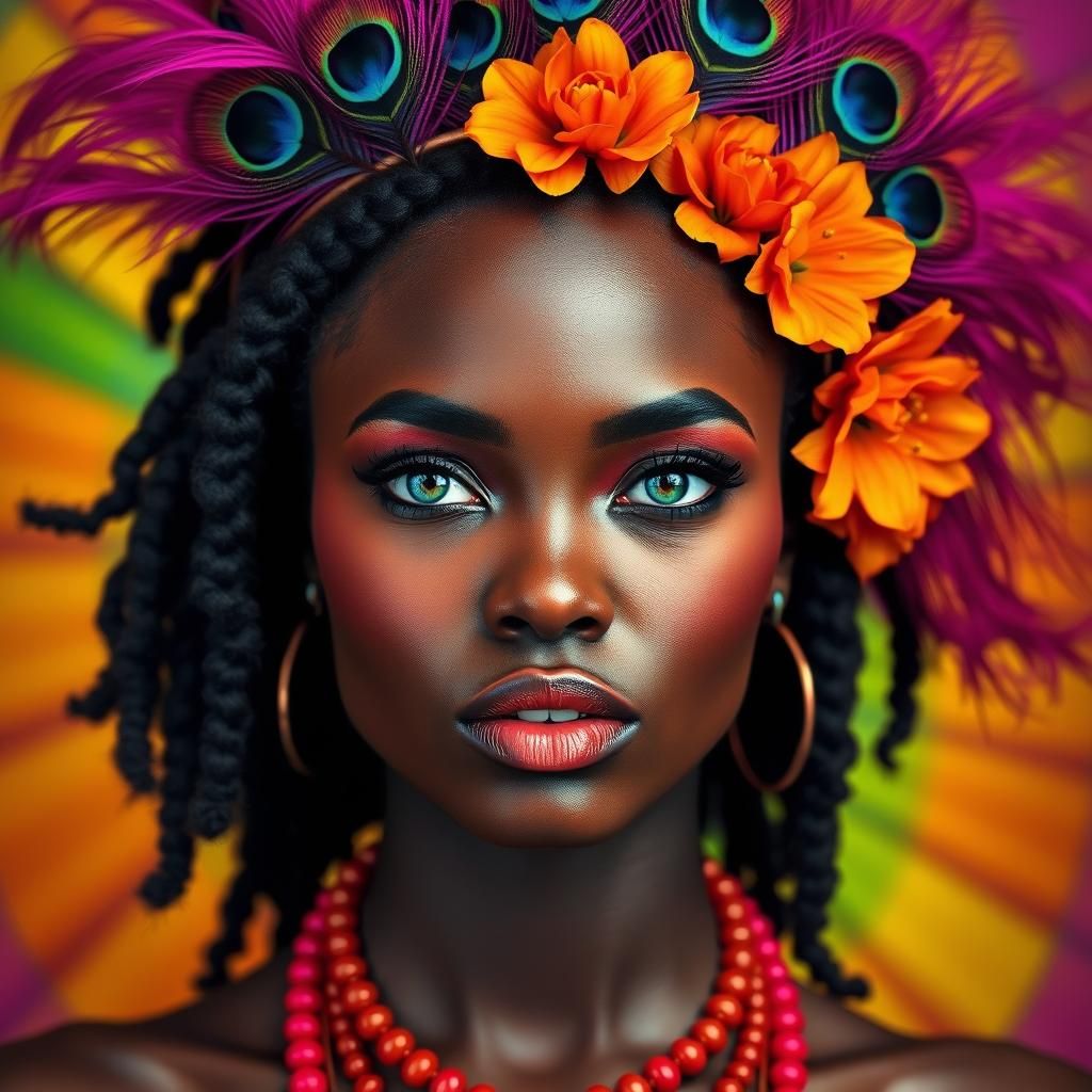 Radiant African Woman with Peacock Feathers