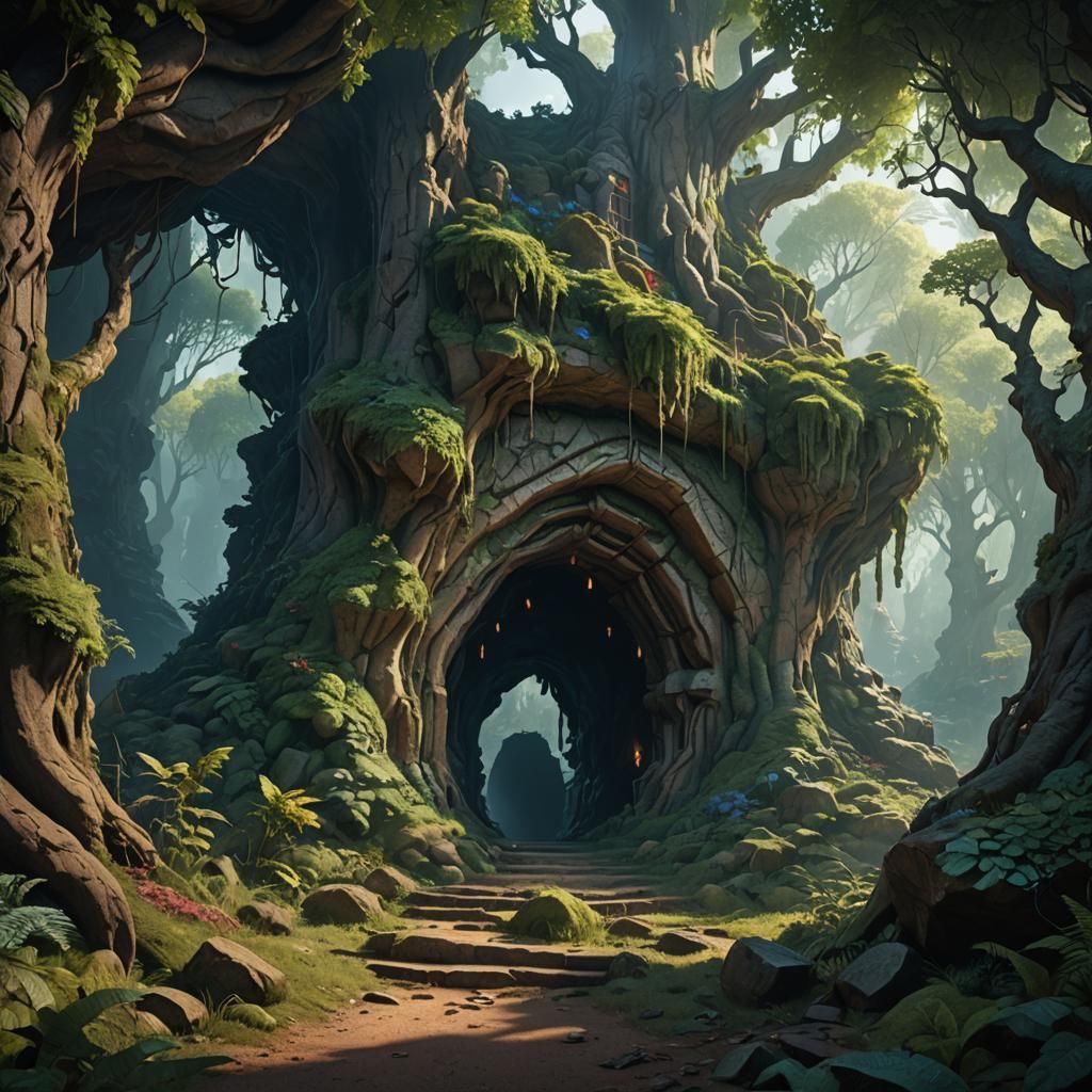 Fantastical Forest Cave Entrance in Detailed Matte Painting