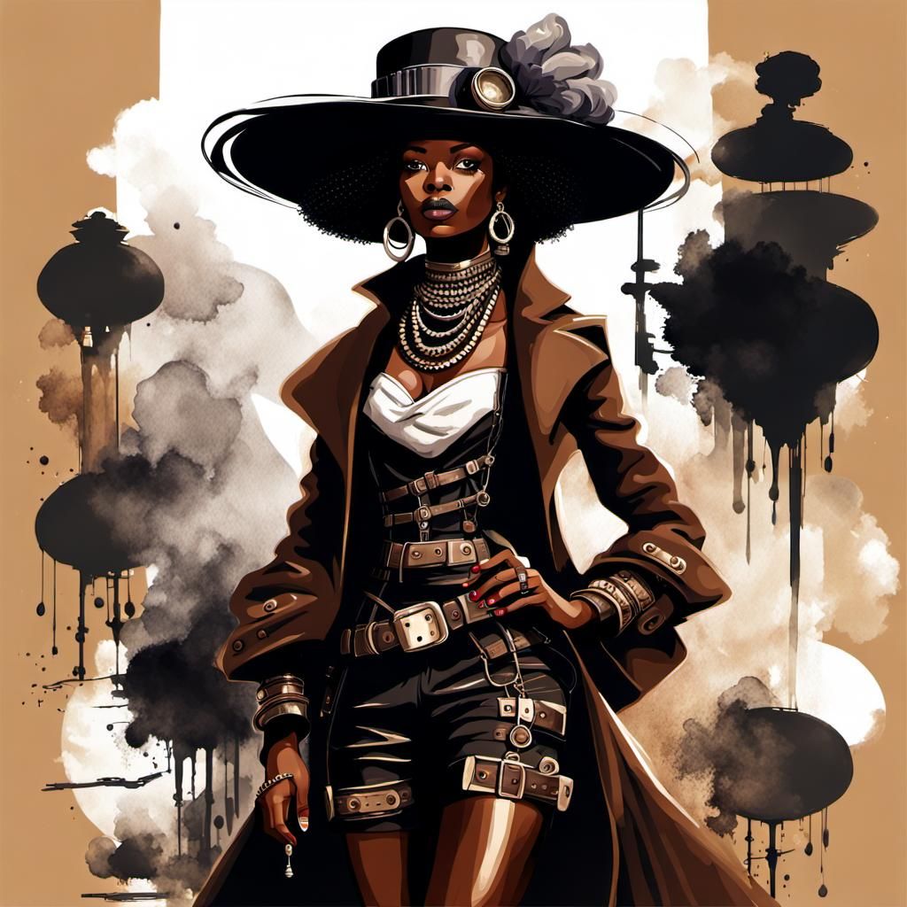 Smoky tea-stained streempunk style.
Beautiful black woman in an extremely large hat.
Duplo explosure. fashion illustrati...