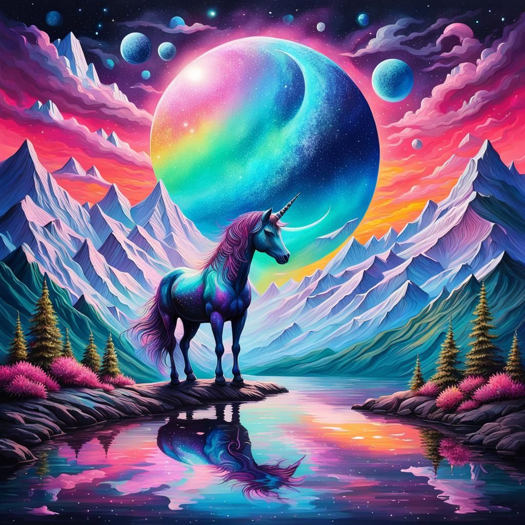Crescent Moon Unicorn in Glittery Graffiti Sky