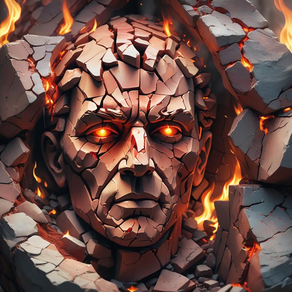 Fiery Stone Head in Hyper-Realistic Anime Style