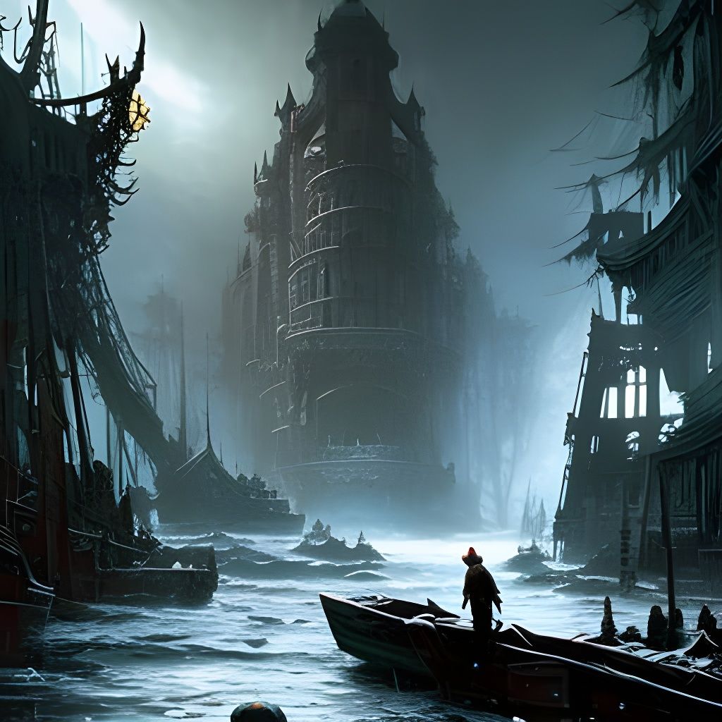 Cthulhu Emerges from Misty Harbor: Dark Watercolor Art