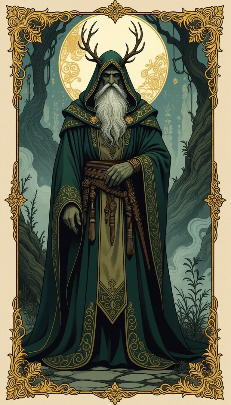 Mystical Druid in Eerie Fantasy Landscape