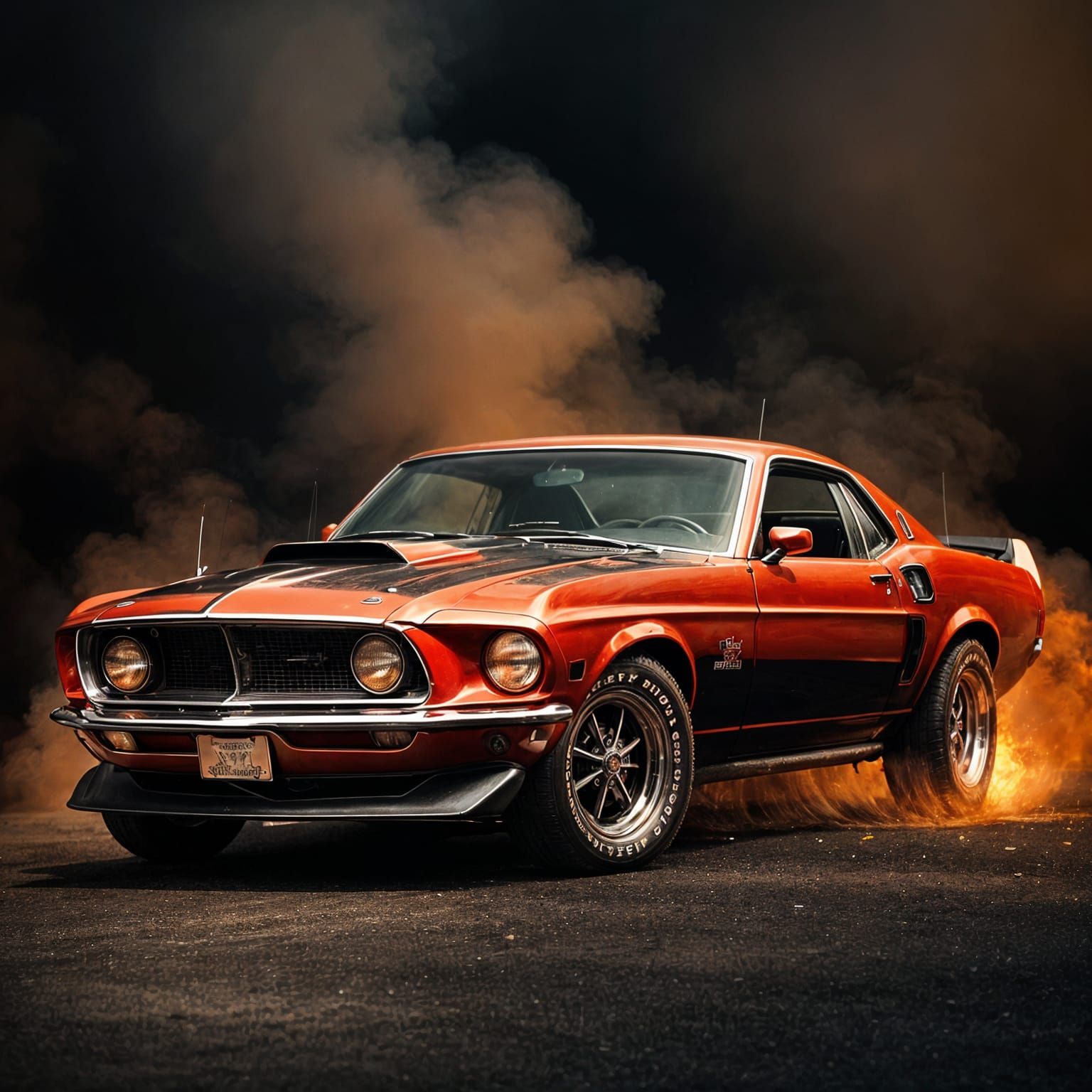 Fiery 1969 Ford Mustang Boss: Hyperrealistic Splash Art