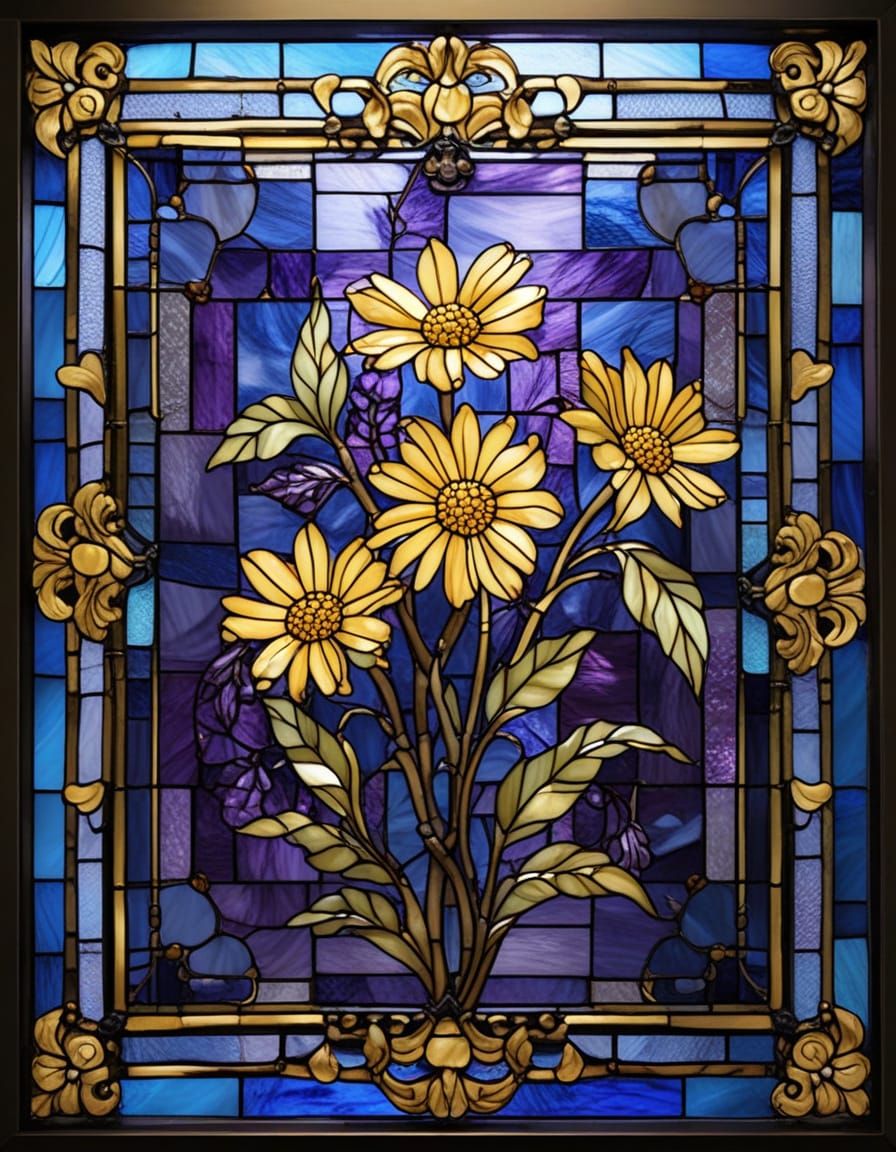 Victorian Stained Glass Aster Flowers in Gold Frame