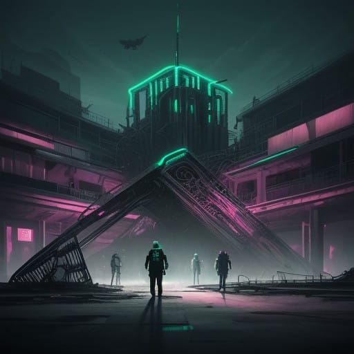 Surreal Dystopian Playground Scene in Biomechanical Neon