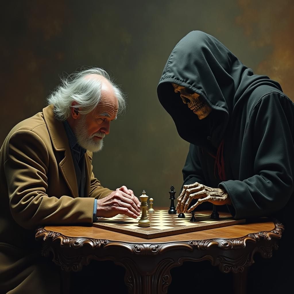 Chess Game with Grim Reaper in Eerie Style