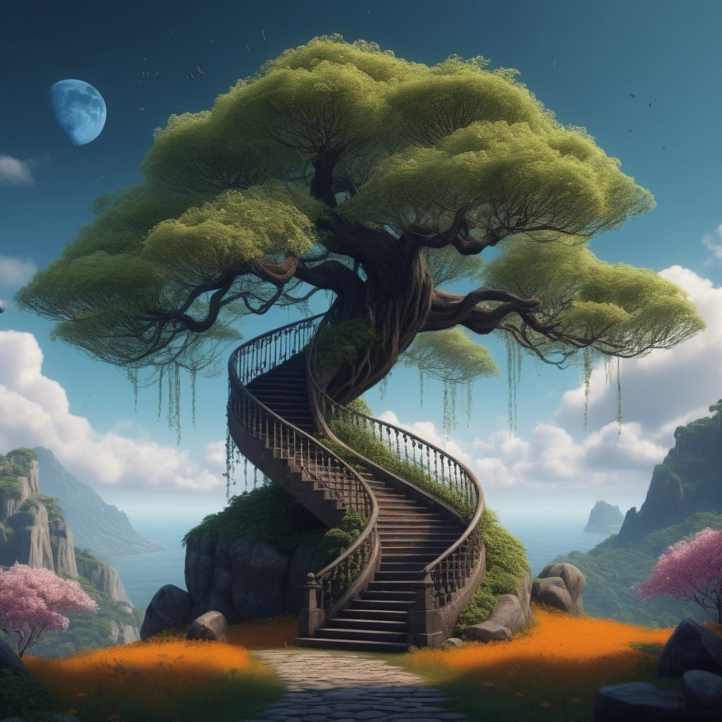 Ancient Staircases Reclaim by Nature in a Mystical, Moonless...