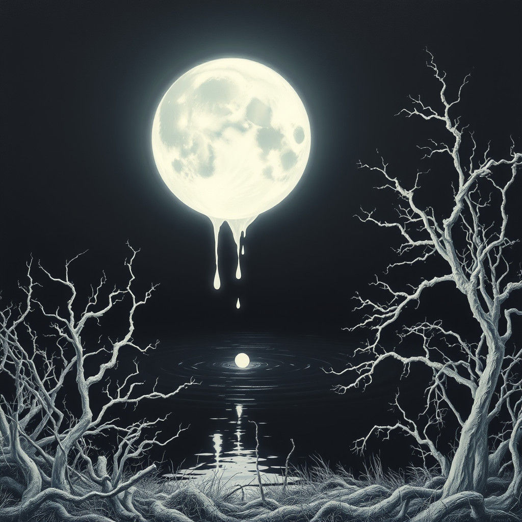 Surreal Dreamlike Moonlit Landscape with Twisted White Shrub...