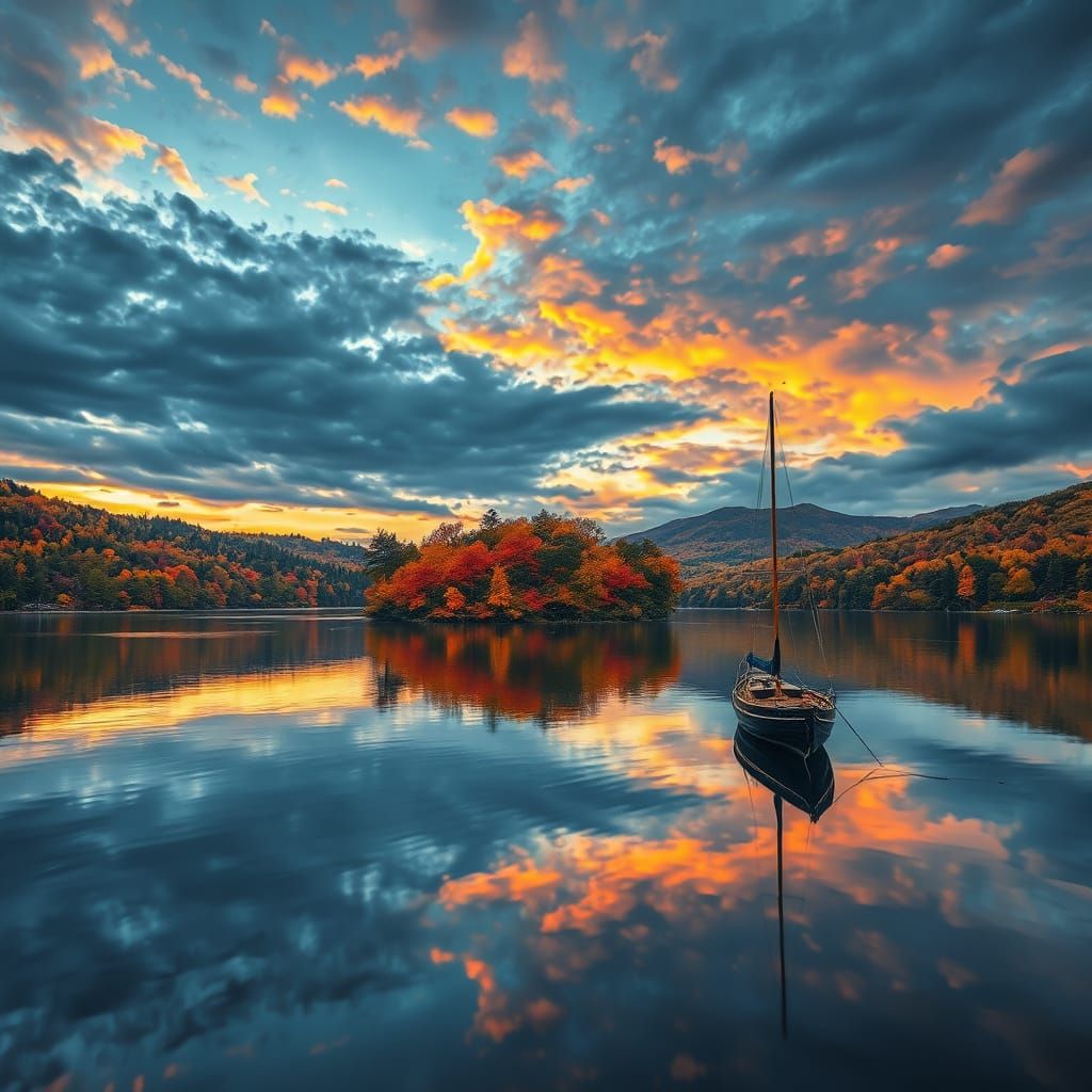 Autumn Lake Sunset in Impressionist Style