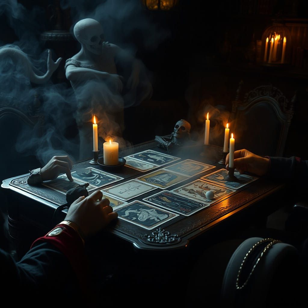 Mysterious Tarot Card Game Unfolds in Surreal Atmosphere