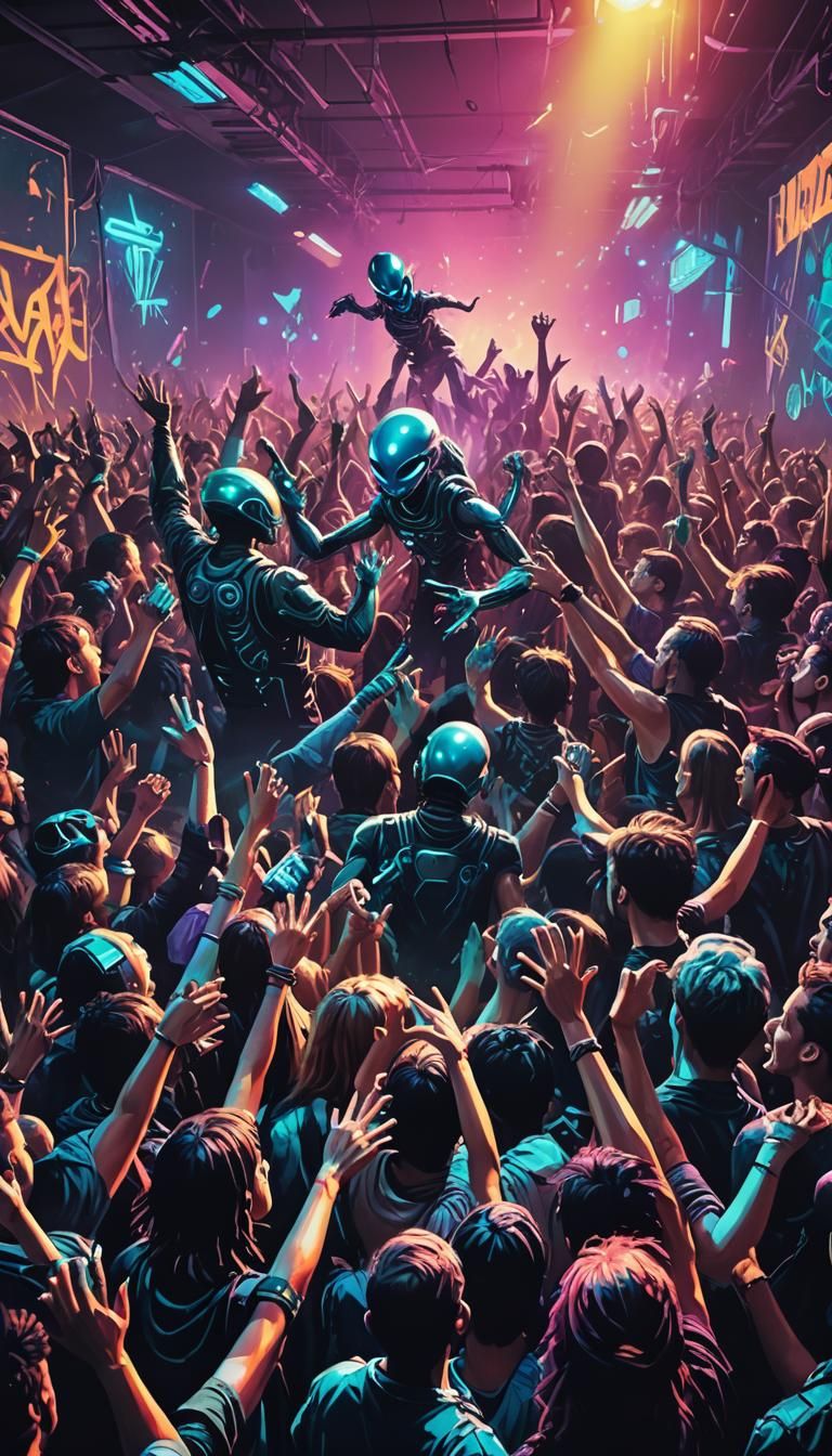 Futuristic Rock Concert with Alien Fans in Graffiti Style