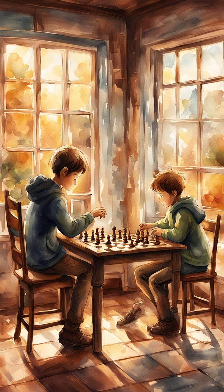 Cozy Watercolor: Children Playing Chess