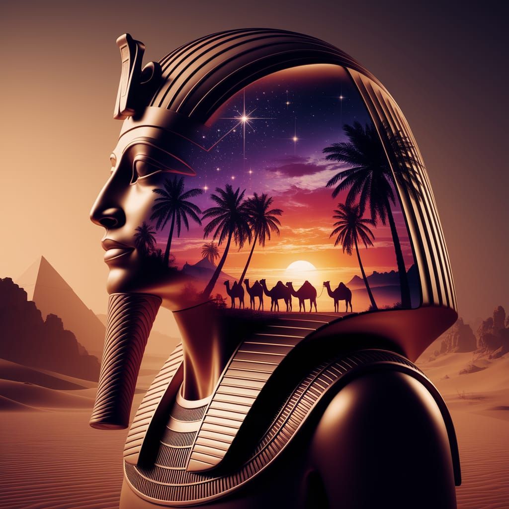Surreal Egyptian Pharaoh Portrait with Desert Landscape