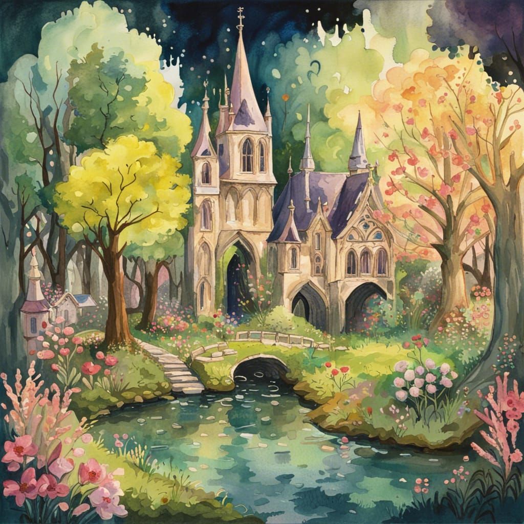 Gothic Town in Lush Forest: Gouache Impression