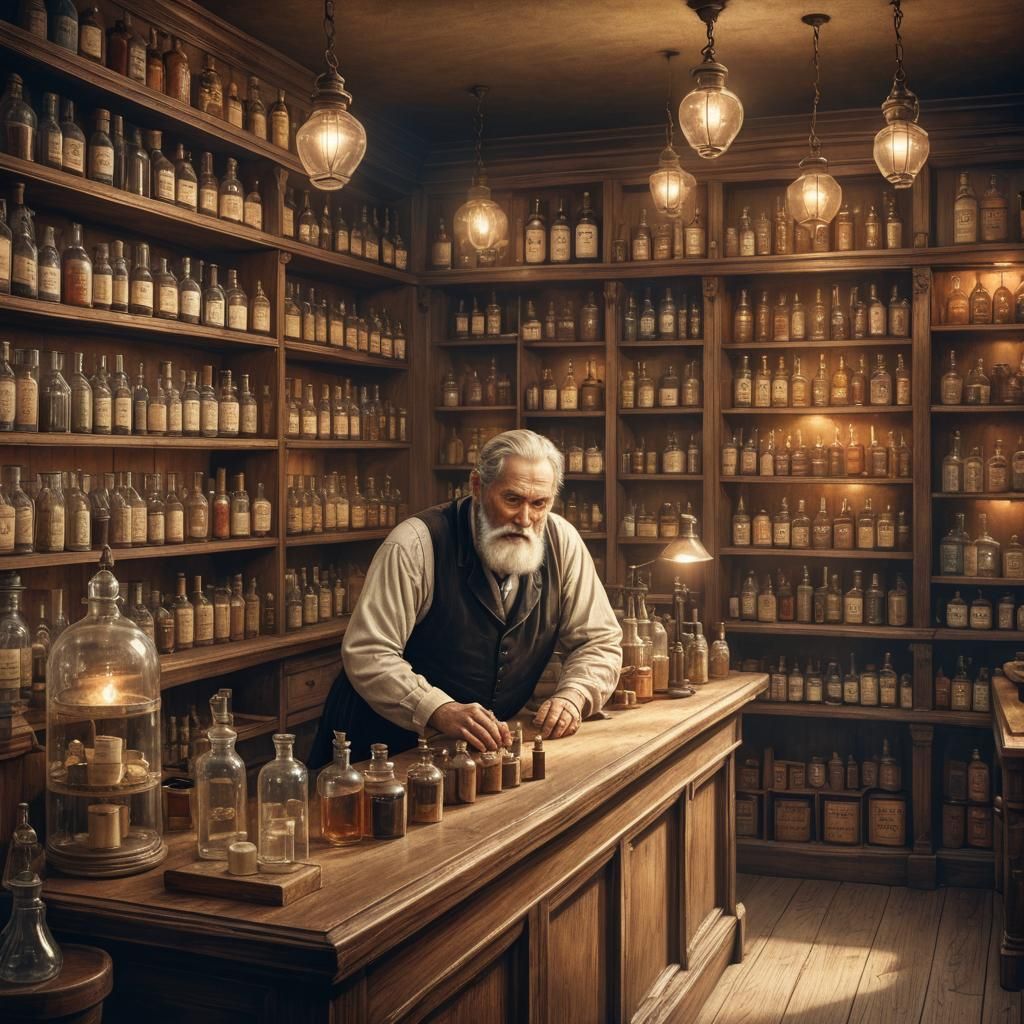 Victorian Drugstore Interior with Ornate Shelves