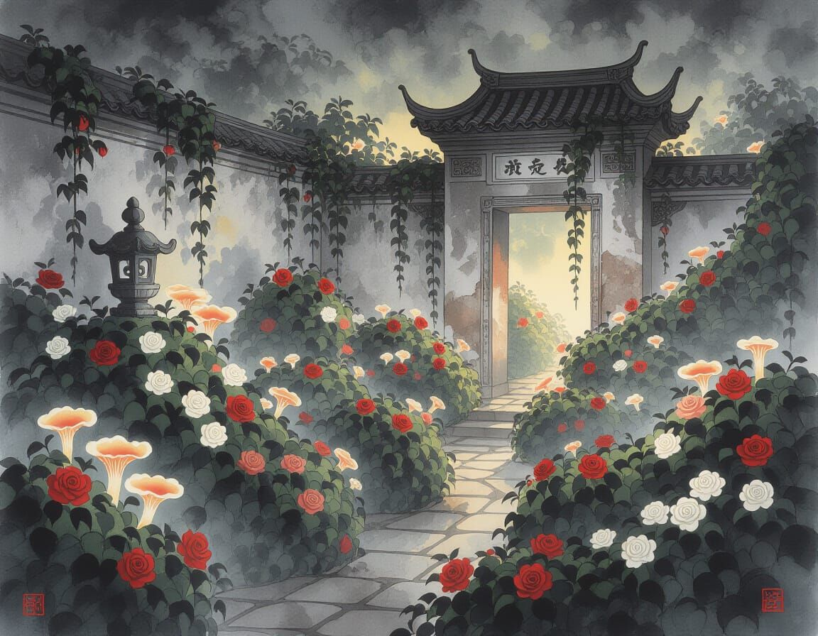 Eerie Midnight Garden Maze in Chinese Ink Painting